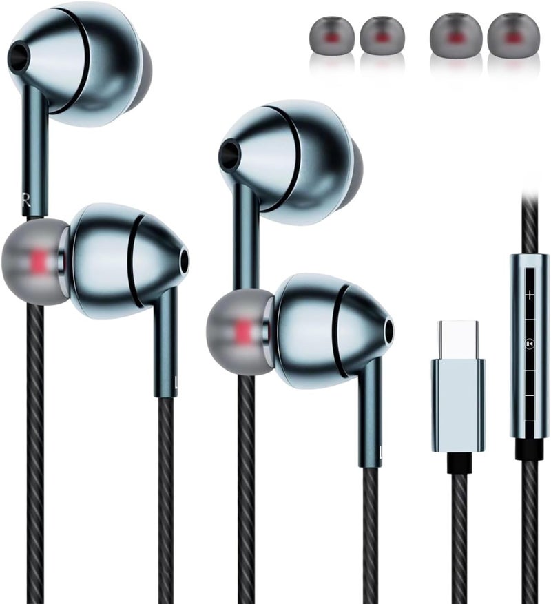 MAXAUX USB-C Wired Earbuds with Microphone, Volume Control, Noise Canceling, Compatible with Samsung Galaxy S24 S23 S22, iPhone 15, Pixel Phones (2Pack-Gray) - Image 1